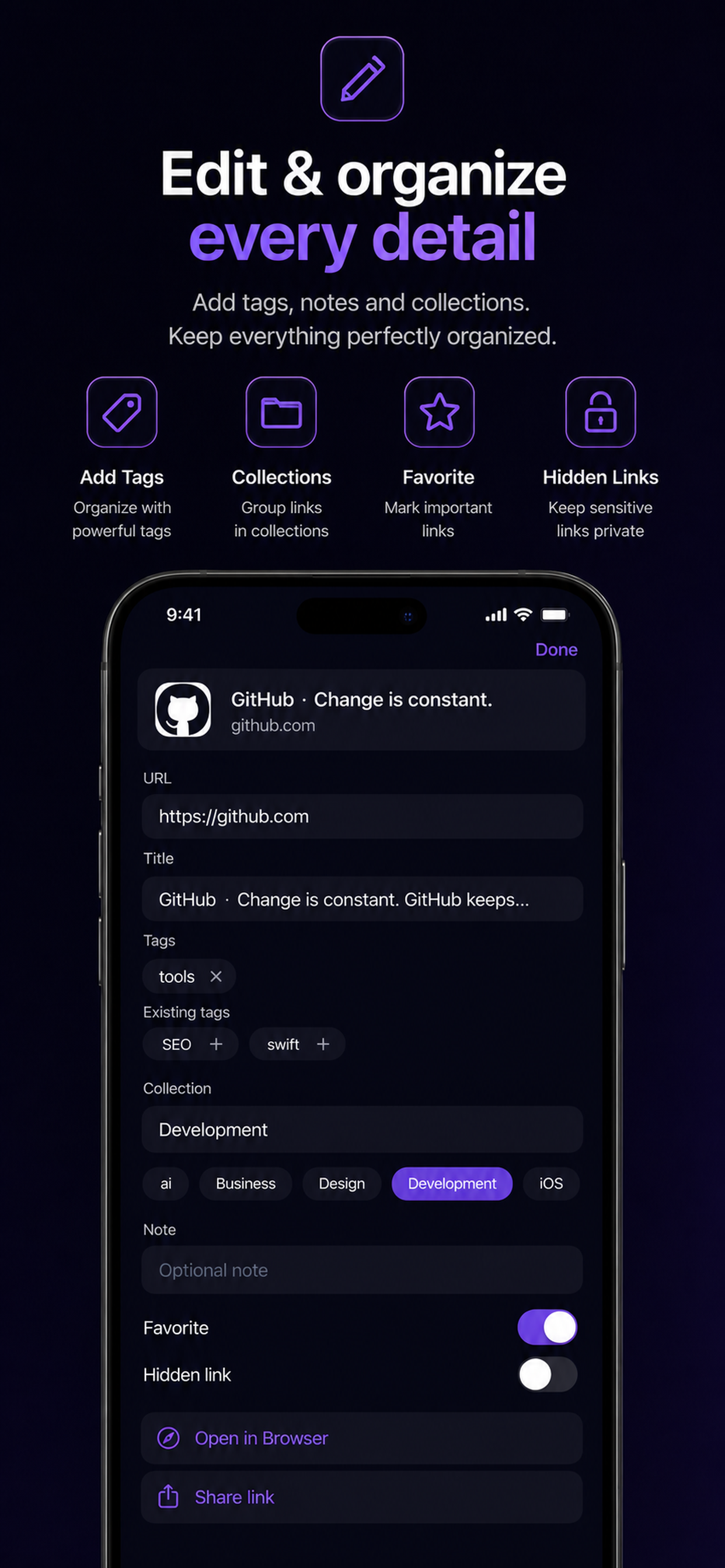 Adding a new link in Sibera with title, collection and tags