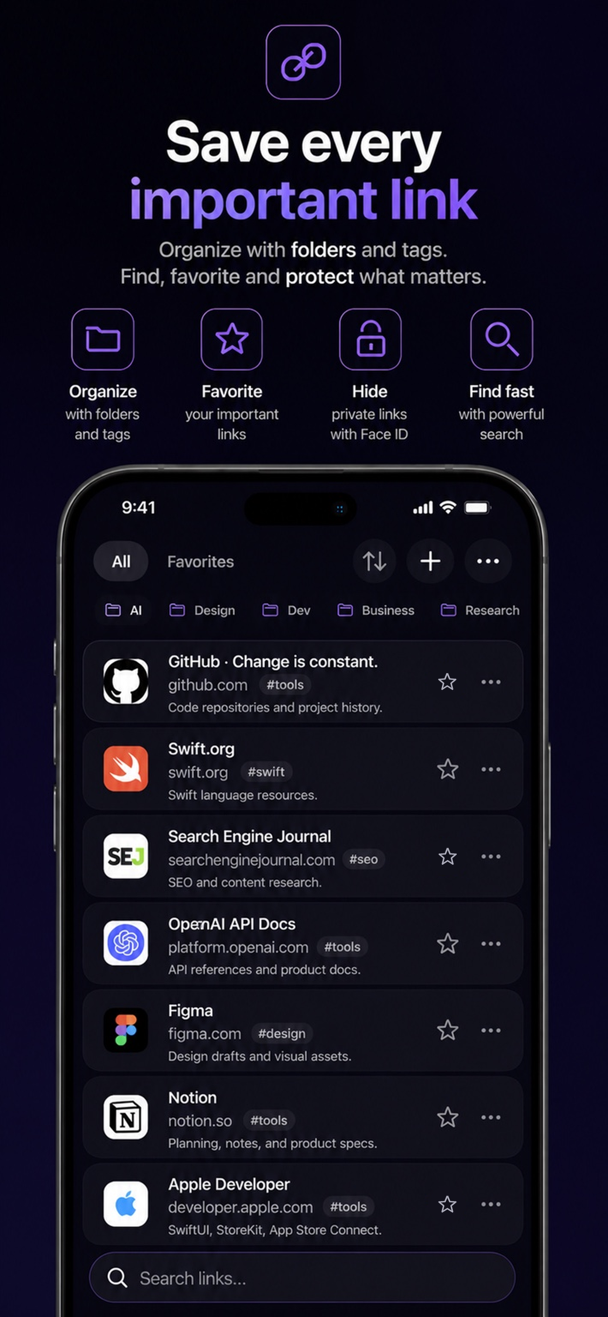 Sibera home screen with saved links and favorites